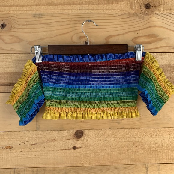 Forever 21 M Off Shoulder Top Cropped Bandeau Rainbow Festival‎ Fairycore Ruffle - Picture 3 of 4